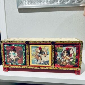 Alice In Wonderland Handmade Art Deco Jewelry Box Decoupaged Whimsical 3 Drawers